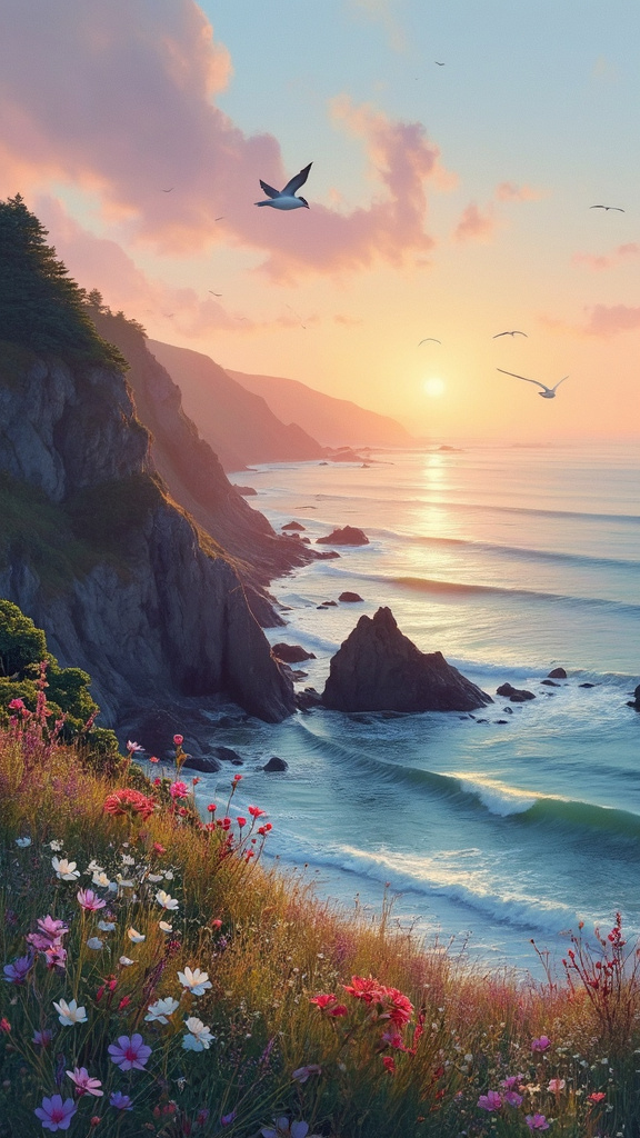 A serene coastal landscape at sunrise with a rocky shoreline, wildflowers, and sea birds, captured in a soothing pastel art style.