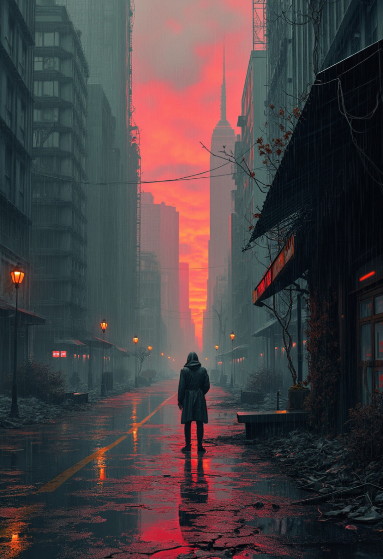 A dystopian city at noon, bathed in ominous red skies. Rain pours down, creating reflections on the cracked pavement of towering ruins. Skyscrapers, once grand, now stand as skeletal remains, with vines creeping up their sides. The streets are deserted, littered with remnants of a bygone era. A lone figure in a tattered coat stands under a collapsing awning, silhouetted against the eerie atmosphere, evoking a sense of foreboding and desolation.