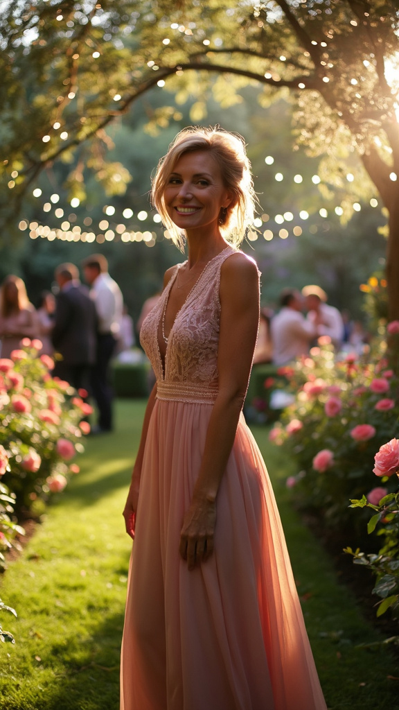 A sophisticated mature woman in a stylish lace dress at an elegant garden party, surrounded by roses and fairy lights, captured in a classy editorial photography style.