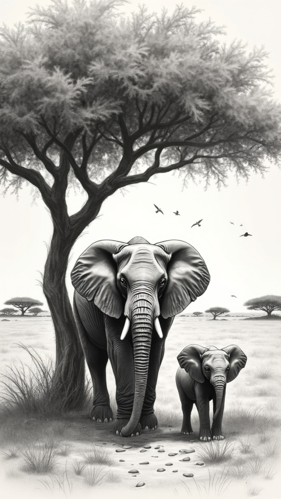 A detailed pencil sketch of a mother elephant and her calf under an acacia tree in the African savanna, showcasing their tender bond