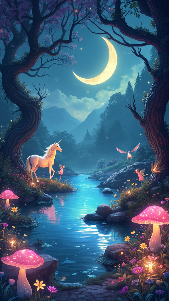 A digital illustration of an enchanted forest with fairies, a unicorn, and glowing plants under a crescent moon, evoking magic and wonder