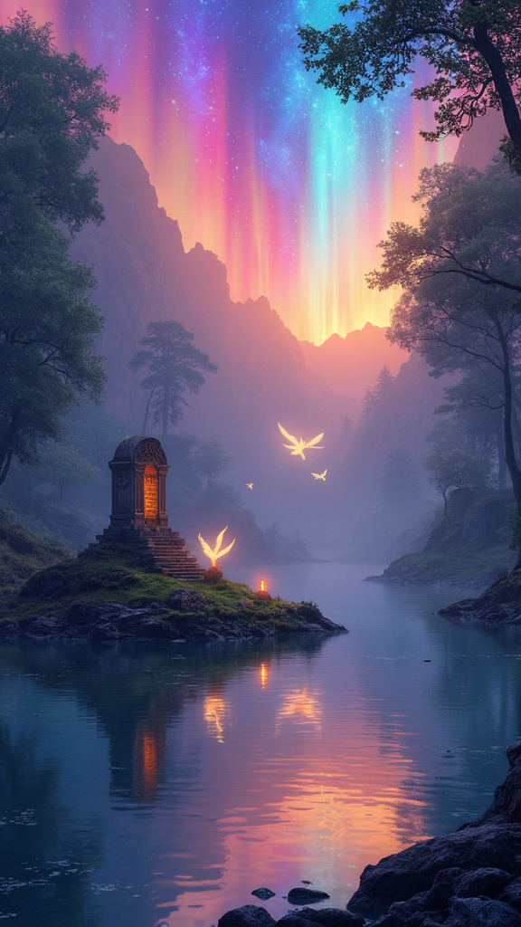 A mystical enchanted forest at twilight with a crystal-clear lake, aurora, and ethereal creatures, captured in a dreamlike, ethereal art style