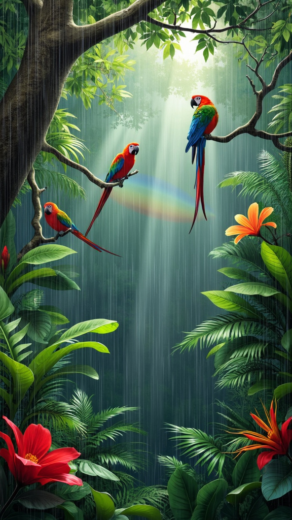 An exotic rainforest canopy during a rain shower with vibrant flowers, colorful parrots, and a rainbow, captured in a hyper-realistic art style.