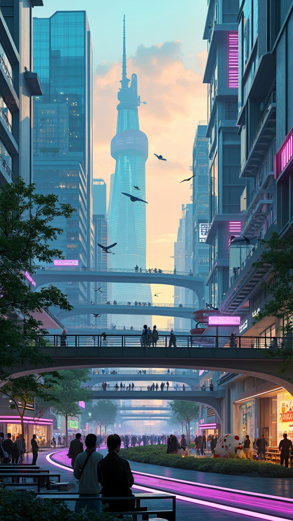 A modern digital art piece of a futuristic cityscape at dusk, featuring skyscrapers, neon lights, and an urban park, blending nature with technology.