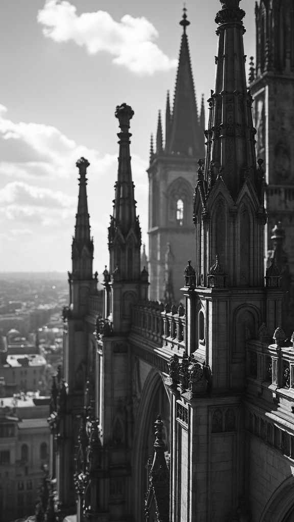 A black-and-white photograph of a Gothic cathedral's spires and stonework, highlighting intricate carvings and dramatic shadows