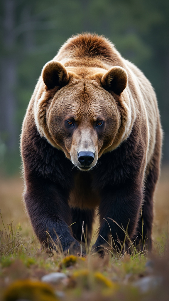 A majestic brown bear walking through a forest, showcasing its powerful build and thick fur.