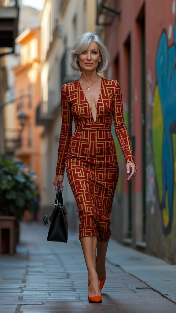 A sophisticated mature woman in a revealing elegant dress confidently walking through a vibrant urban city alleyway, showcasing empowerment and timeless beauty.