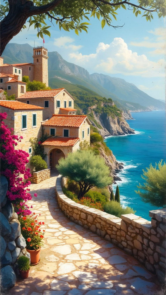 An ancient Mediterranean village with stone houses and terracotta roofs overlooking the sea, captured in a warm watercolor style.