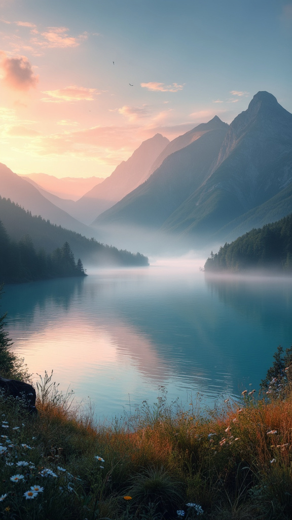 A panoramic landscape photograph of misty mountains at dawn, featuring a tranquil lake and soft sunrise colors, evoking peace and wonder