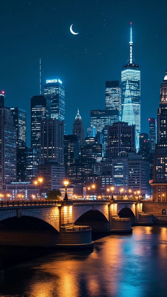 A contemporary photograph of a dazzling cityscape at night with skyscrapers, a glowing stone bridge, and reflections in a calm river