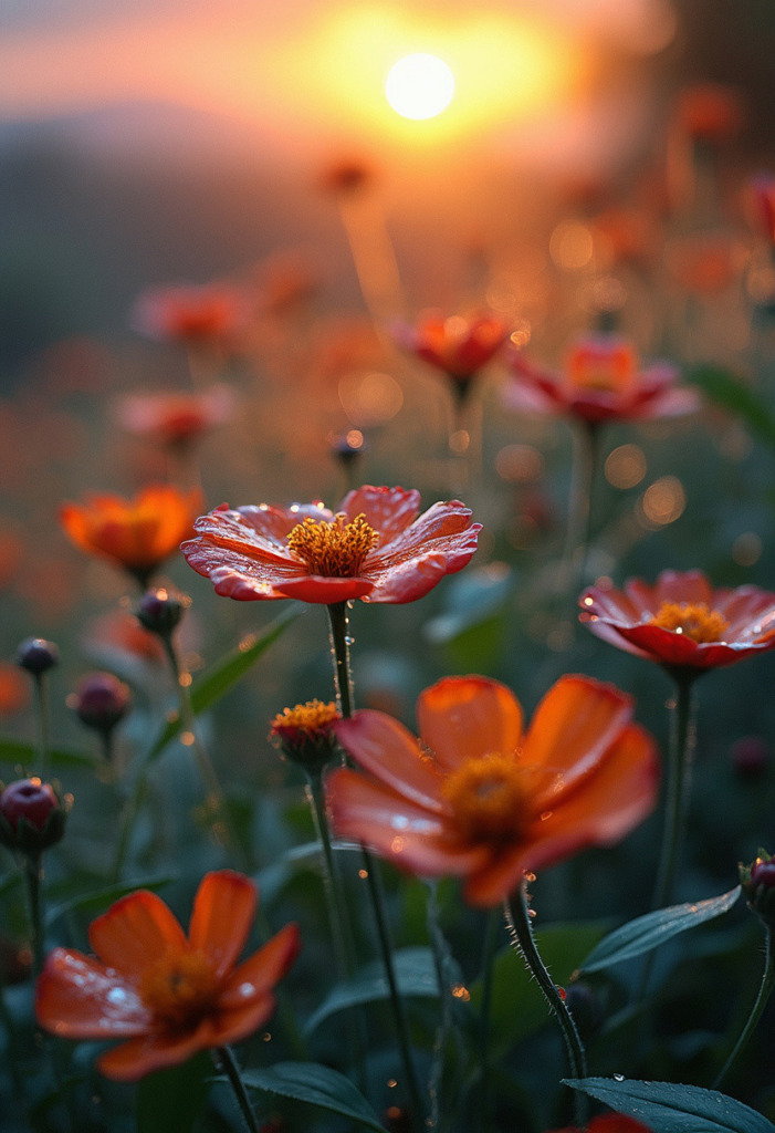 A breathtaking outdoor scene featuring a lush field at sunset, capturing vibrant flora in stunning macro detail. The sunlight bathes the flowers in warm golden hues, highlighting the intricate textures of petals and leaves. Delicate dewdrops glisten on the surfaces, while the background showcases a soft gradient of colors in the sky—rich oranges, pinks, and purples, creating a serene and enchanting atmosphere that invites the viewer to immerse themselves in nature's beauty.