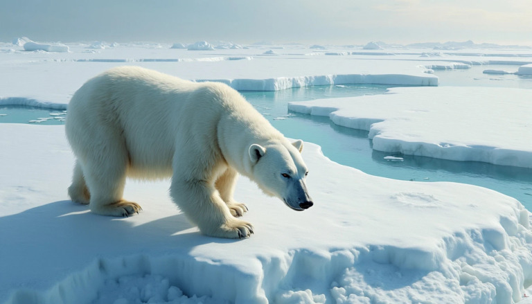 A polar bear walking on an iceberg in the Arctic, surrounded by icy waters and snow-covered ice floes under a clear sky.