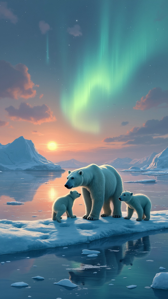 A family of polar bears in the Arctic under the Northern Lights, with icebergs in the background, captured in a soft pastel art style.