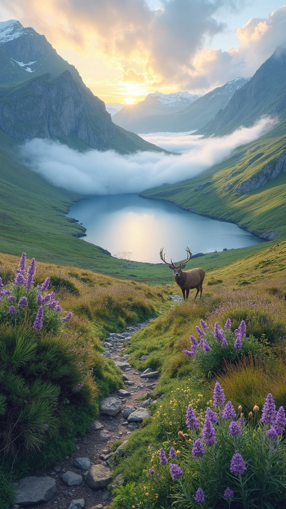 A serene spring morning in the Scottish Highlands with misty valleys, a tranquil loch, and a silhouetted stag, captured in a detailed, realistic art style.