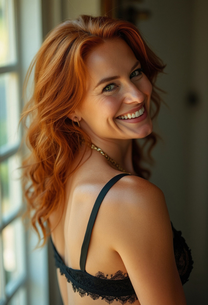 A smiling woman with red hair wearing black lingerie, standing by a window with natural light illuminating her face.