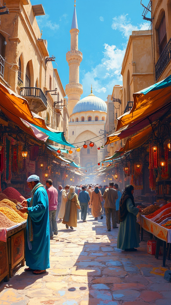 A bustling Middle Eastern bazaar at mid-morning with vibrant stalls, spices, and textiles, set against mosque minarets, captured in a vivid, expressive art style.