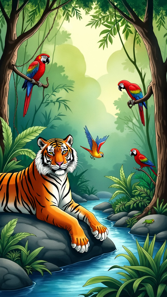 A whimsical watercolor painting of a vibrant jungle with a lounging tiger, playful monkeys, and colorful parrots, highlighting lush biodiversity