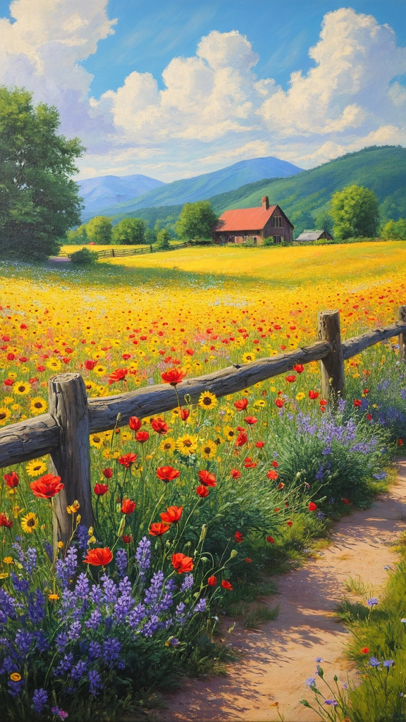 A vibrant oil painting of a wildflower field in midsummer with sunflowers, poppies, and lavender under warm sunlight