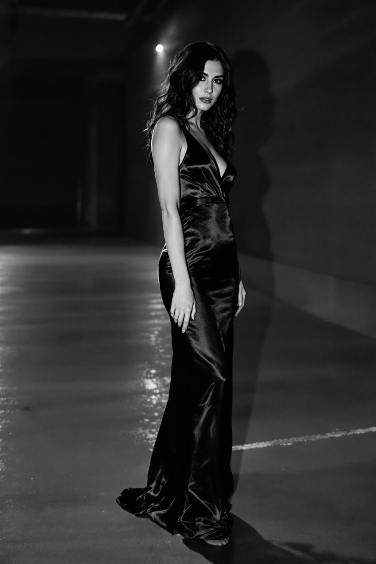This image is in the public domain. CC0. A barefoot woman stands in a dimly lit warehouse.