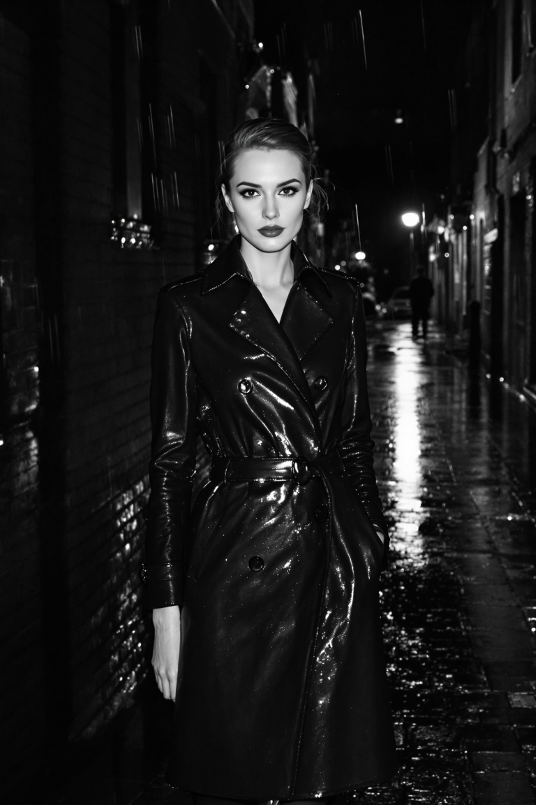 A woman stands alone in a rain-soaked alleyway. Free CC0 image, no attribution required.
