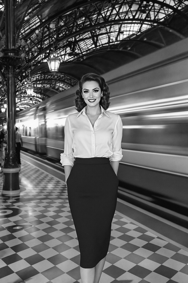Public domain CC0 image. A woman stands confidently in the center of a vintage train station.