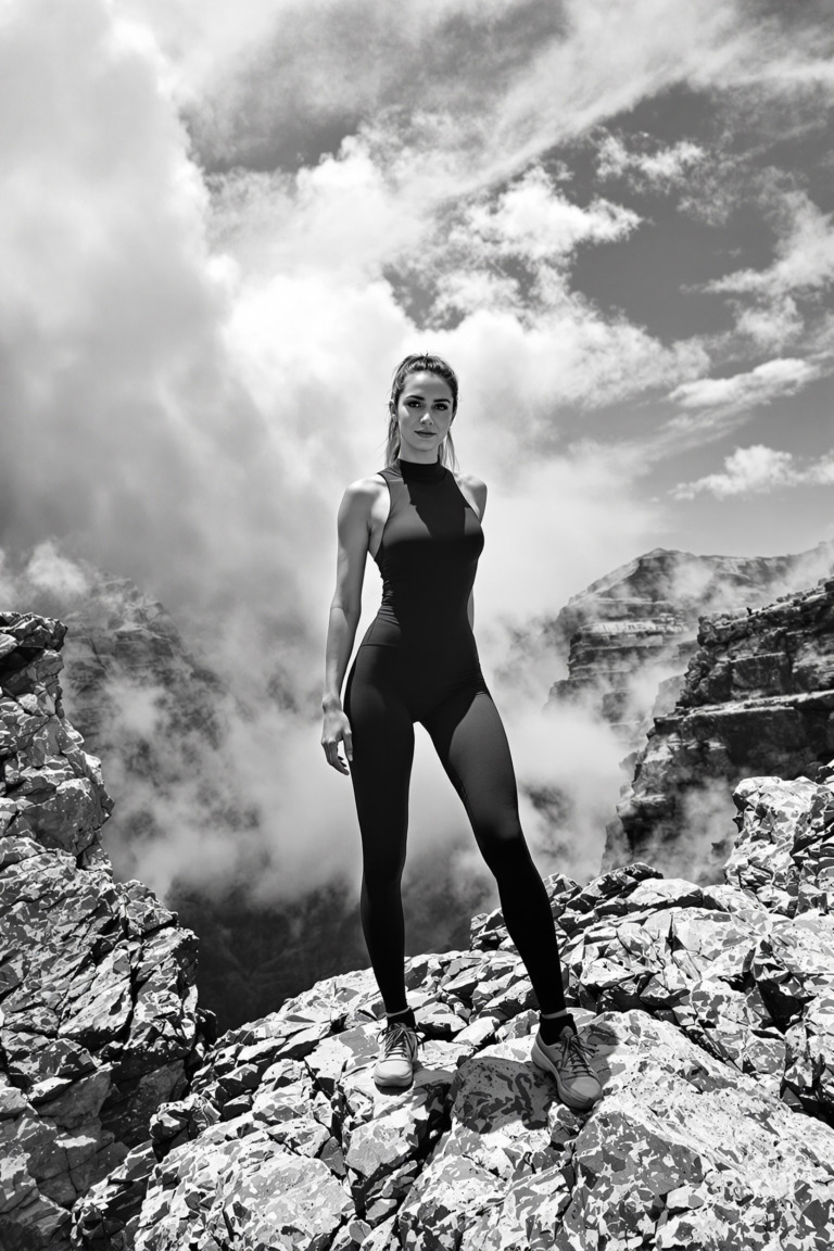 A woman stands poised at the edge of a mountain cliff. CC0 public domain image.