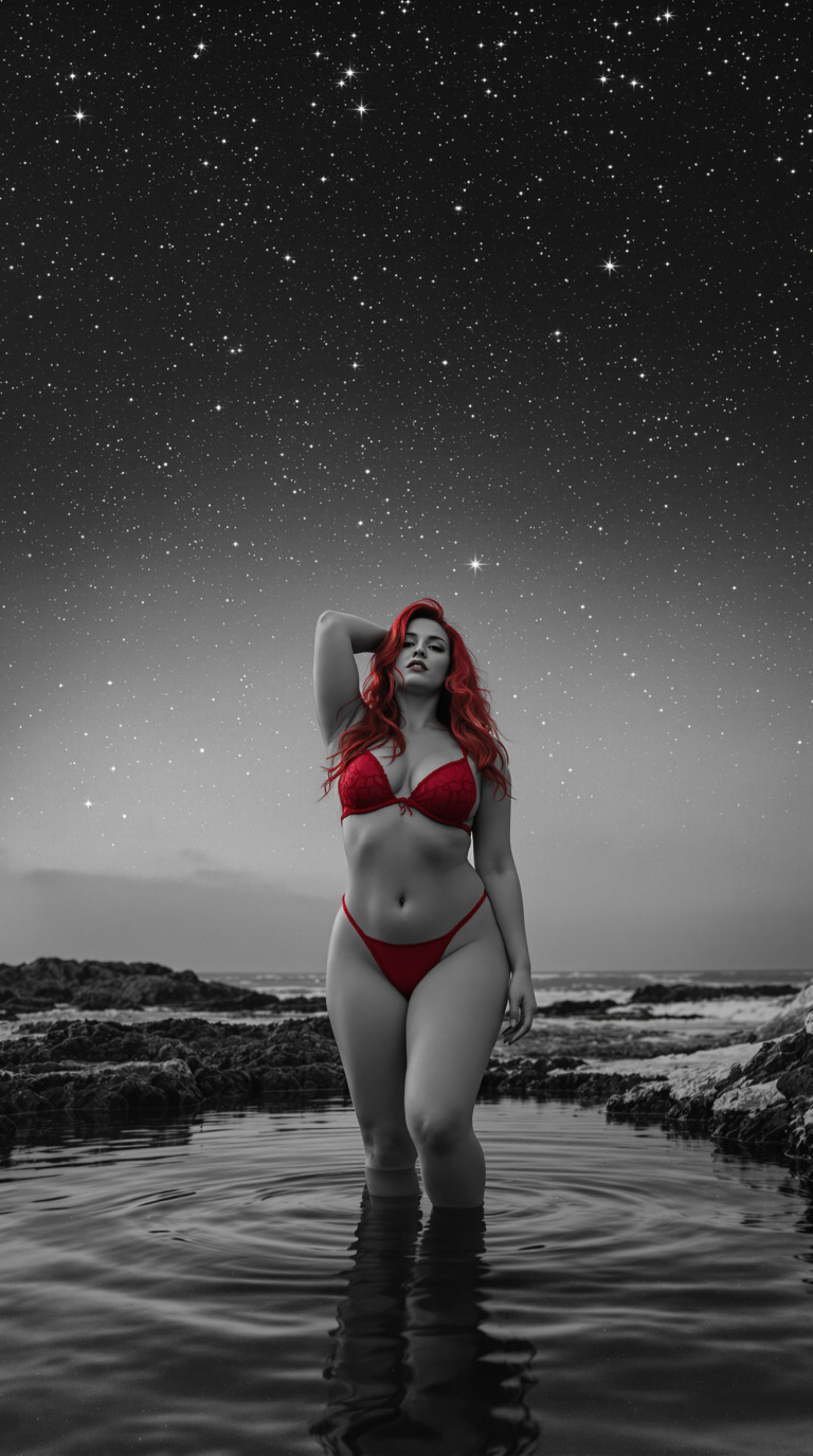 Starlit Reflection A monochrome portrait of a curvy, pale-skinned woman standing at the edge of a calm tide pool under a starry sky. Her vibrant crimson red hair cascades over her shoulders, glowing like fire against the grayscale tones of her body and surroundings. She wears an alluring crimson red lingerie set, which contrasts beautifully with her pale, monochrome skin. The soft light of the stars reflecting on the water enhances the ethereal quality of the scene.
