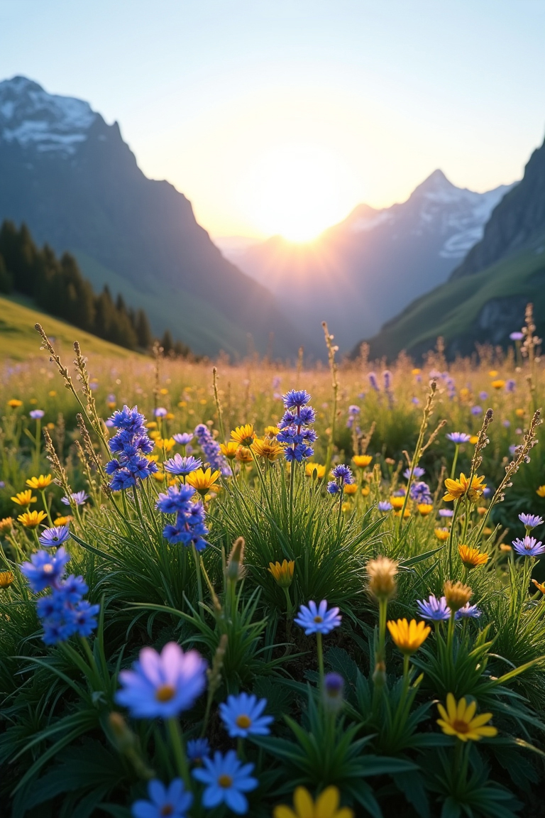 Alpine Meadow at Sunrise. Public domain.