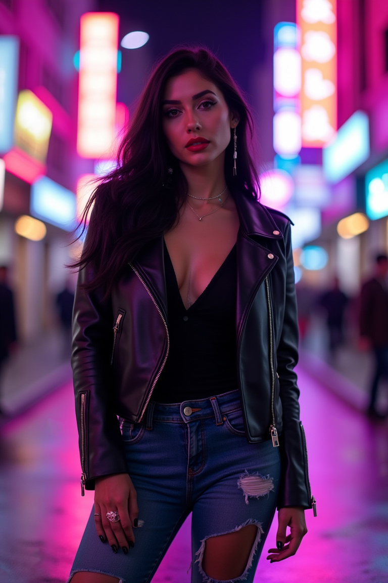 a sleek black leather jacket and ripped denim jeans. Free CC0 image.