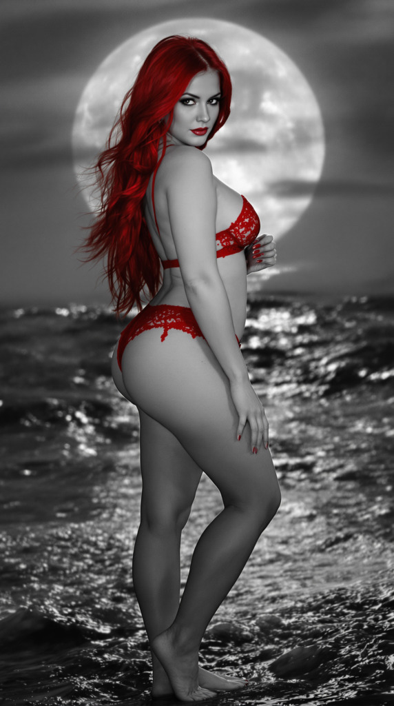 Moonlit Shoreline Grace
A monochrome image of a curvy, pale-skinned woman standing at the edge of a moonlit beach. Her long crimson red hair cascades down her back, glowing vibrantly against the grayscale tones of her surroundings. She wears a matching crimson red lingerie set, with intricate lace details that add texture and elegance. The soft waves lapping at her feet and her calm yet alluring gaze create a serene and striking contrast with the monochrome ocean and sky.
