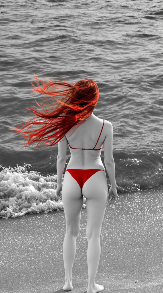 Ocean Breeze Elegance
A stunning monochrome scene of a pale-skinned woman standing on the sandy shore, her back facing the dark waves. Her crimson red hair flows freely in the gentle ocean breeze, adding a vibrant pop of color to the composition. She wears a crimson red bra and panties that stand out vividly against her smooth, monochrome skin. The motion of her hair and the rippling water in the background create a dynamic yet tranquil visual appeal.